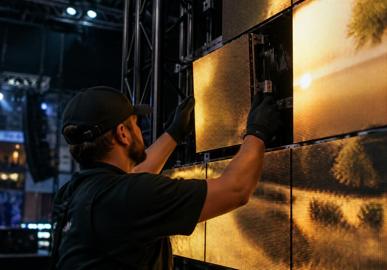 Técnico montando módulos de painel de LED em estrutura de palco
